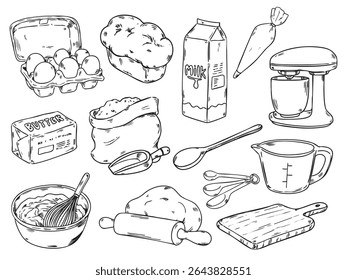 Set of hand drawn baking ingredient and cooking utensil elements outline drawing illustration
