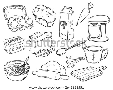 Set of hand drawn baking ingredient and cooking utensil elements outline drawing illustration