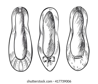 Set of hand drawn ballet shoes vector. Inky ballet flats vector. Fashion illustration of ballet shoes. Ballet shoes isolated on white. Ballet slippers collection. Flats for prints, design objects