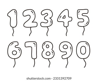 Set of hand drawn balloon numbers in doodle style. 