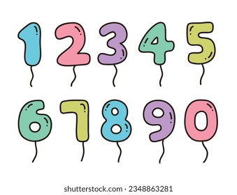Conjunto de números de globos dibujados a mano en estilo doodle. 