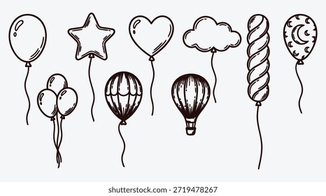set of hand drawn balloons and hot air balloons in different shapes and designs floating in air