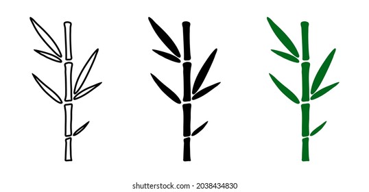 Set of hand drawn bamboo plants. Black outline, silhouette and solid bamboo in minimalistic design. Doodle Style Vector Illustration