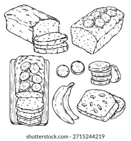Set von handgezeichnetem Bananenbrot mit Bananenscheibe Umriss Zeichnung Illustration