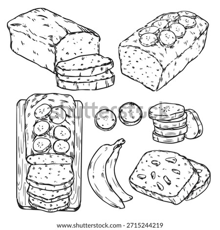 Set of hand drawn banana bread with banana slice outline drawing illustration