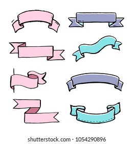 Set of hand drawn banner and scroll elements. Simple sketch doodle style. Vector illustration. Ribbon elements drawn with a brush-pen.