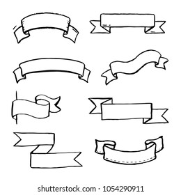Set of hand drawn banner and scroll elements. Simple sketch doodle style. Vector illustration. Ribbon elements drawn with a brush-pen.