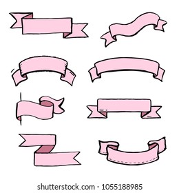Set of hand drawn banner and scroll elements. Simple sketch doodle style. Vector illustration. Ribbon elements drawn with a brush-pen.