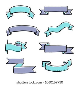 Set of hand drawn banner and scroll elements. Simple sketch doodle style. Vector illustration. Ribbon elements drawn with a brush-pen.
