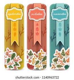 Set of hand drawn banners with autumn months in figured frames ribbons and leaves isolated vector illustration