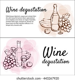 Set of hand drawn banners with hand drawn illustrations with Wine bottle, glass, grapes, banana, apple on watercolor background.. Vector sketchy art for wine tasting events.  
