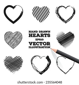 A set of hand drawn banners for your design. Doodled hearts with a black pencil. Vector illustration