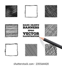 A set of hand drawn banners for your design. Rectangles doodled  with a black pencil.   Vector illustration