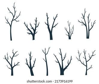 conjunto de siluetas de árboles desnudos dibujadas a mano. ilustración vectorial en blanco y negro