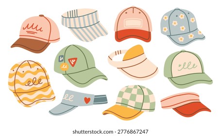 Set of hand drawn baseball caps and sun visor hats. Minimalist flat vector illustration of sporty summer headwear with checkered, striped, and floral prints for outdoor activity. Isolated on white