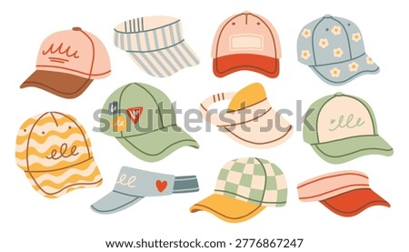 Set of hand drawn baseball caps and sun visor hats. Minimalist flat vector illustration of sporty summer headwear with checkered, striped, and floral prints for outdoor activity. Isolated on white