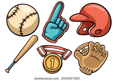 Set of Hand drawn baseball element. collection of ball, helm, bat, medal, glove Isolated Vector