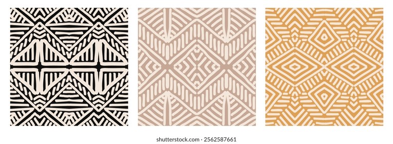 Set of hand drawn Batik seamless patterns. Geometric doodle abstract illustration, wallpaper. Tribal ethnic vector texture. Aztec style. Folk embroidery. Indian, Scandinavian, African rug, tile.