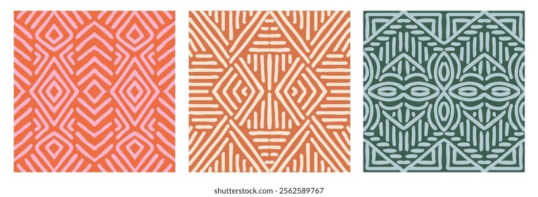 Set of hand drawn Batik seamless patterns. Geometric doodle abstract illustration, wallpaper. Tribal ethnic vector texture. Aztec style. Folk embroidery. Indian, Scandinavian, African rug, tile.