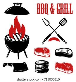 Set of hand drawn BBQ and grill elements. Design element for logo, label, emblem, sign. Vector illustration