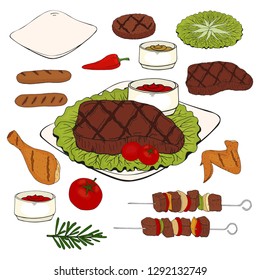 Set of hand drawn bbq objects. Isolated image. Vector illustration.