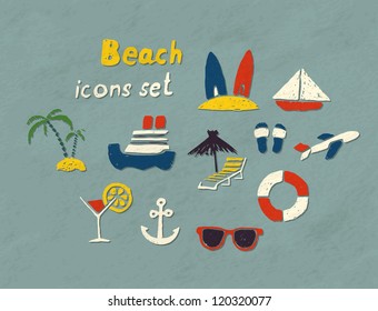 Set of hand drawn beach icons. Vector image.