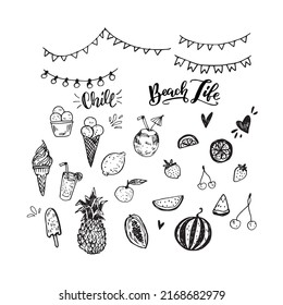 Set Of Hand Drawn Beach Party Elements. Doodle Style Summer Clipart. Illustrations Of Fruits, Ice Cream, Drinks, Bunting Flags And Garland.