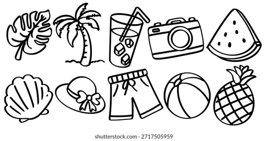 Conjunto de la escena de playa dibujada a mano tema Vector aislado