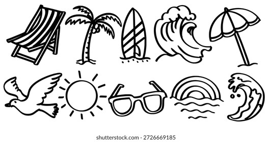 Conjunto de mão desenhada Praia e tema de surf Vetor isolado