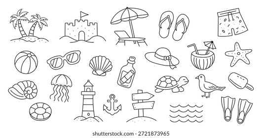 Conjunto de ilustraciones de doodle de tema de playa dibujadas a mano,