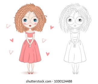 Set of hand drawn beautiful cute cartoon summer girls on white background. Cartoon fashionable girls. Cartoon character. Coloring book pages for kids. Outline for coloring page cartoon vector