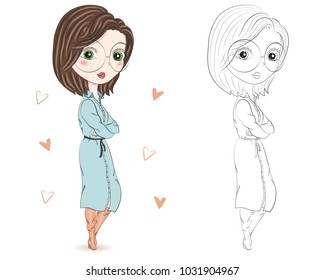 Set of hand drawn beautiful cute fashion girls on white background. Cartoon fashionable girls. Cartoon character. Coloring book pages for kids. Outline for coloring page cartoon vector