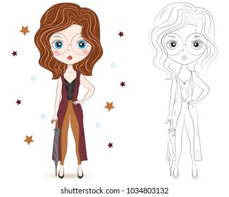 Set of hand drawn beautiful cute fashion girls on white background. Cartoon fashionable girls. Cartoon character. Coloring book pages for kids. Outline for coloring page cartoon vector