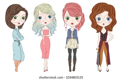 Set of hand drawn beautiful cute fashion girls on white background. Cartoon fashionable girls. Cartoon character. Vector illustration.