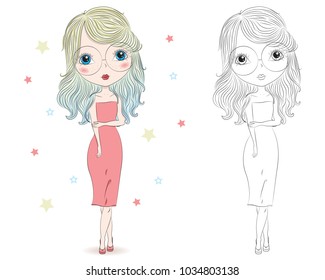 Set of hand drawn beautiful cute fashion girls on white background. Cartoon fashionable girls. Cartoon character. Coloring book pages for kids. Outline for coloring page cartoon vector