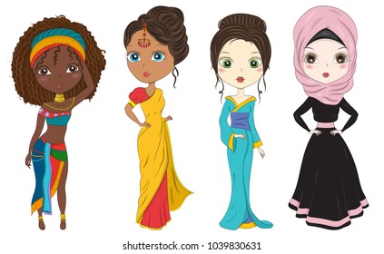 Set of hand drawn beautiful cute Japanese, Indian and a Muslim girls on white background. Set of girls of different ethnicities and cultures. Cartoon character. Vector illustration.