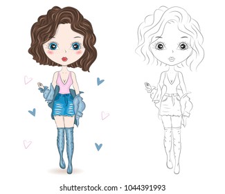 Set of hand drawn beautiful cute fashion girls on white background. Cartoon fashionable girls. Cartoon character. Coloring book pages for kids. Outline for coloring page cartoon vector