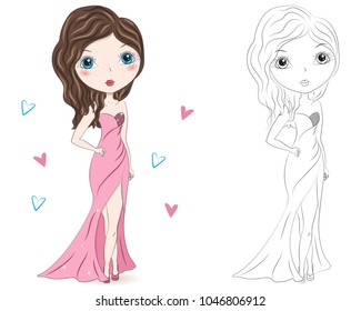 Set of hand drawn beautiful cute fashion girls on white background. Cartoon fashionable girls. Cartoon character. Coloring book pages for kids. Outline for coloring page cartoon vector