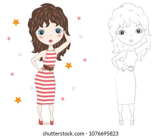 Set of hand drawn beautiful cute fashion girls on white background. Cartoon fashionable girls. Cartoon character. Coloring book pages for kids. Outline for coloring page cartoon vector