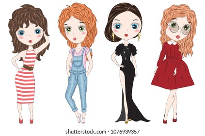 Set of hand drawn beautiful cute fashion girls on white background. Cartoon fashionable girls. Cartoon character. Vector illustration.