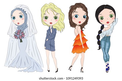 Set of hand drawn beautiful cute fashion girls on white background. Cartoon fashionable girls. Cartoon character. Coloring book pages for kids. Outline for coloring page cartoon vector