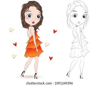 Set of hand drawn beautiful cute fashion girls on white background. Cartoon fashionable girls. Cartoon character. Coloring book pages for kids. Outline for coloring page cartoon vector