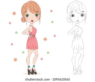 Set of hand drawn beautiful cute fashion girls on white background. Cartoon fashionable girls. Cartoon character. Coloring book pages for kids. Outline for coloring page cartoon vector