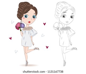 Set of hand drawn beautiful cute cartoon summer girls on white background. Cartoon fashionable girls. Cartoon character. Coloring book pages for kids. Outline for coloring page cartoon vector
