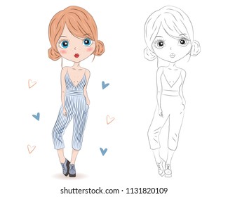 Set of hand drawn beautiful cute cartoon summer girls on white background. Cartoon fashionable girls. Cartoon character. Coloring book pages for kids. Outline for coloring page cartoon vector