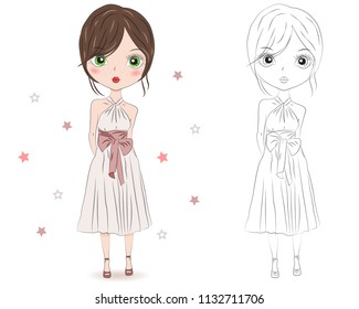 Set of hand drawn beautiful cute cartoon summer girls on white background. Cartoon fashionable girls. Cartoon character. Coloring book pages for kids. Outline for coloring page cartoon vector
