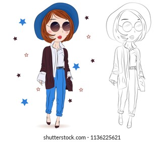 Conjunto de bellas chicas lindas de moda dibujadas a mano sobre fondo blanco. Caricatura de chicas de moda. Caricatura. Colorando páginas de libros para niños. Esquema para el vector de dibujo de página de color