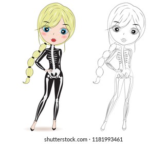 Set of hand drawn beautiful cute fashion girls in halloween costume. Coloring book pages for kids. Outline for coloring page cartoon vector. Scary skilet. Halloween party.