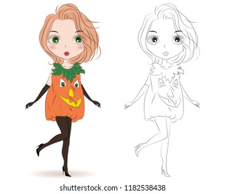 Set of hand drawn beautiful cute fashion girls in halloween costume. Coloring book pages for kids. Outline for coloring page cartoon vector. Scary pumpkin. Halloween party.