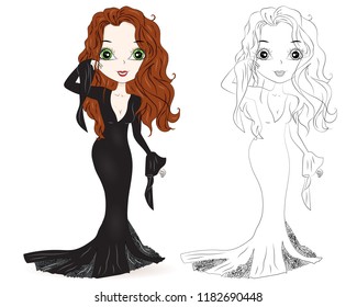Set of hand drawn beautiful cute fashion girls in halloween costume. Coloring book pages for kids. Outline for coloring page cartoon vector. Scary witch. Halloween party.